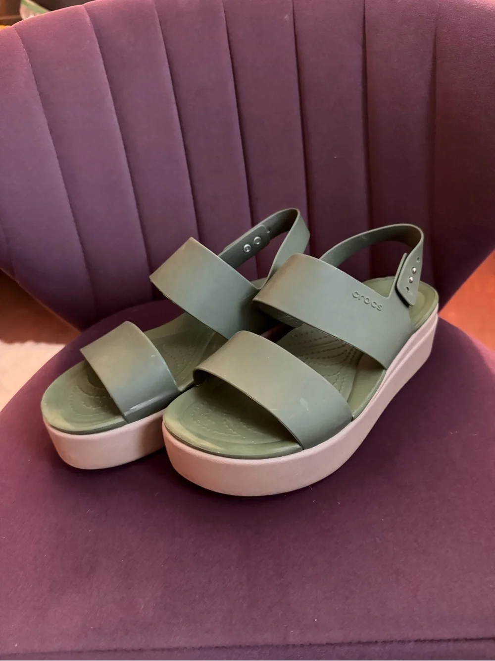 CROCS Women’s Olive Green Platform Sandals with Cream Sole